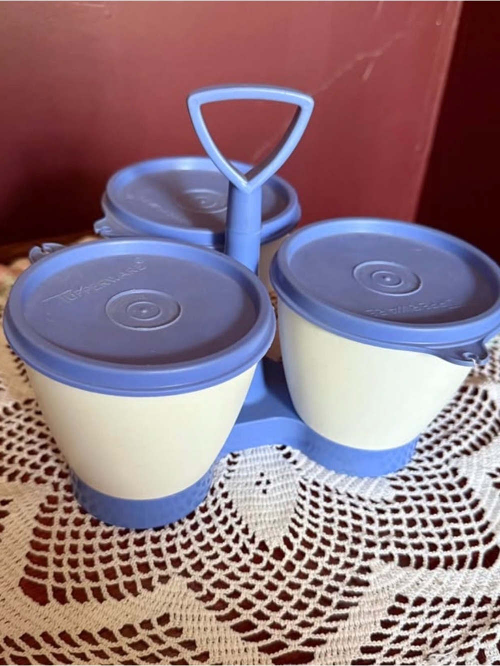 Vintage Tupperware Serve ‘n Store 3-pc Condiment Set with Caddy Carrier Blue